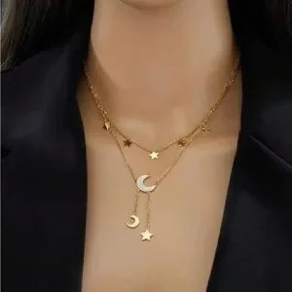 Gold Plated Stainless Steel Moon & Star Lariat Necklace - Picture 2 of 2